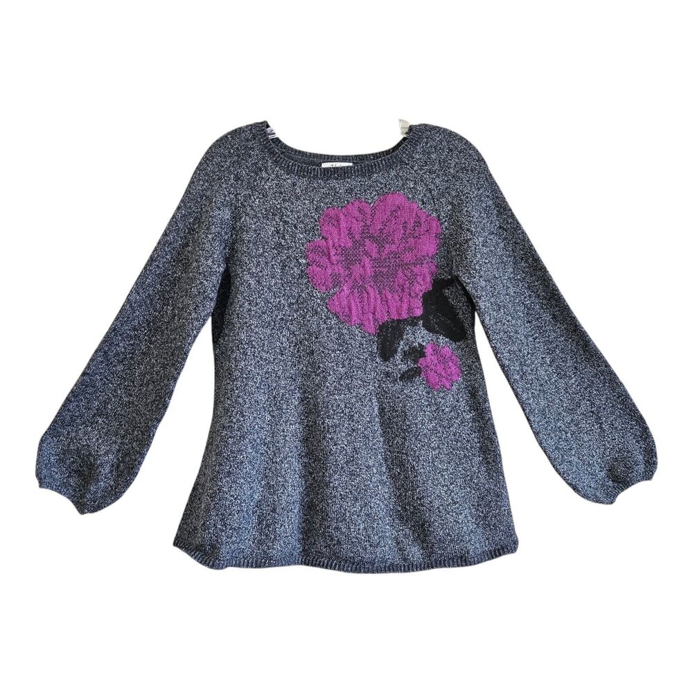 STYLE & CO Women's S Sweater Heathered Gray Purple Flower Long Sleeve 36"